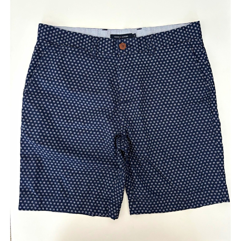 Tommy Hilfiger Men Blue White Geometric Chino Shorts Cotton Flat Front Zip